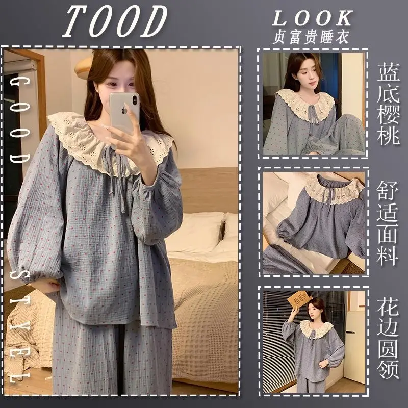 Round Neck Large Lapel Lace Cloud Cotton Pajamas for Women Korean Style Spring and Autumn Long-Sleeved Long Pants Sweet Home Wear Women's Set