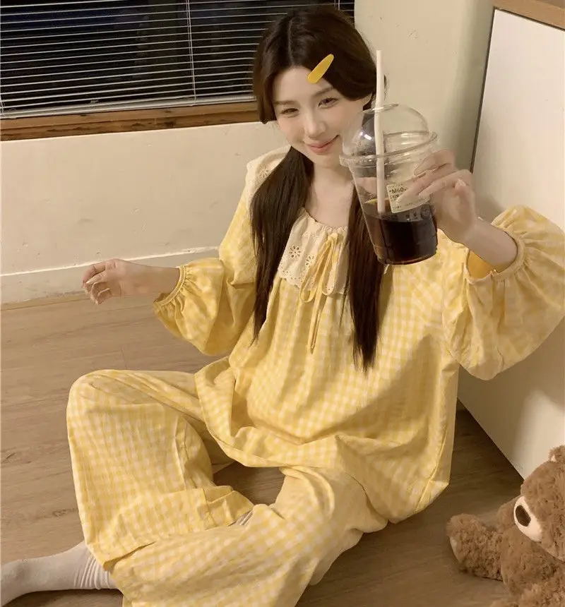 Round Neck Large Lapel Lace Cloud Cotton Pajamas for Women Korean Style Spring and Autumn Long-Sleeved Long Pants Sweet Home Wear Women's Set