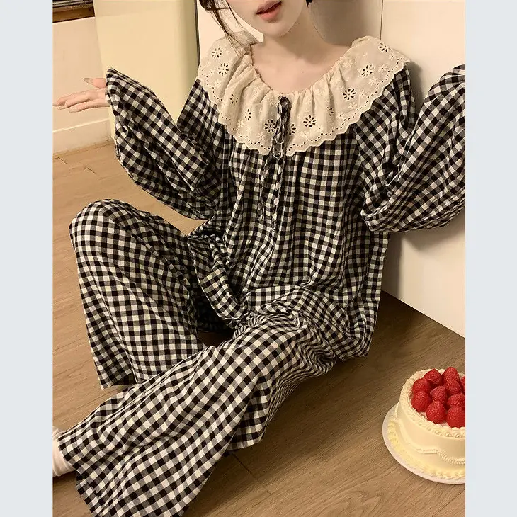 Round Neck Large Lapel Lace Cloud Cotton Pajamas for Women Korean Style Spring and Autumn Long-Sleeved Long Pants Sweet Home Wear Women's Set