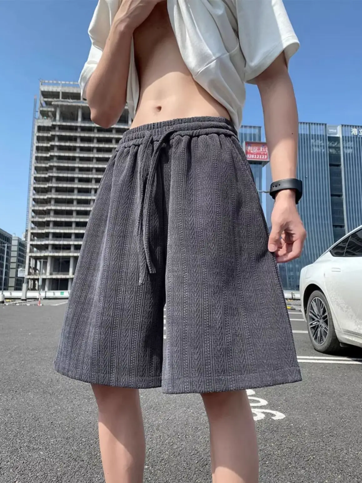 Men's Grey Jacquard Shorts New Summer Loose Fit Large