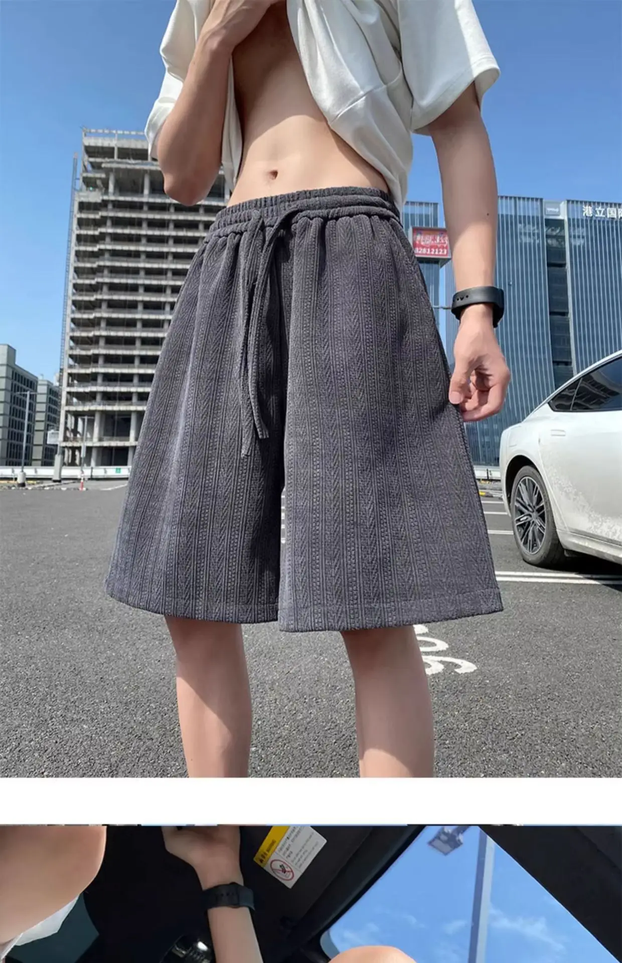 Men's Grey Jacquard Shorts New Summer Loose Fit Large — feature 10