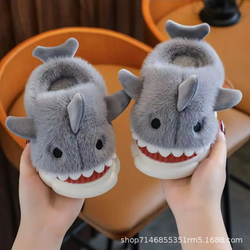 Children's Cotton Slippers Winter Cartoon Cute Shark Style Non-Slip Home and Outdoor Wear Fleece-Lined Thick Warm Thick-Soled for Big Kids - Image 2