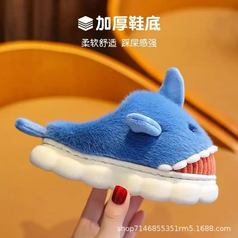 Children's Cotton Slippers Winter Cartoon Cute Shark Style Non-Slip Home and Outdoor Wear Fleece-Lined Thick Warm Thick-Soled for Big Kids — feature 2