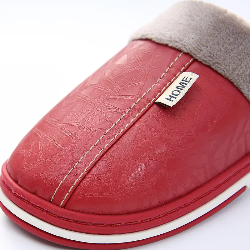 Pu Leather Cotton Slippers for Men, Waterproof Thick-Soled Warm Indoor Slippers for Couples, Winter Home Slippers for Women, Autumn and Winter
