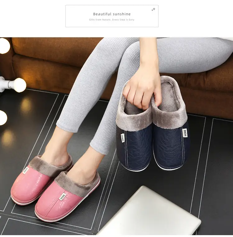 Pu Leather Cotton Slippers for Men, Waterproof Thick-Soled Warm Indoor Slippers for Couples, Winter Home Slippers for Women, Autumn and Winter — feature 9