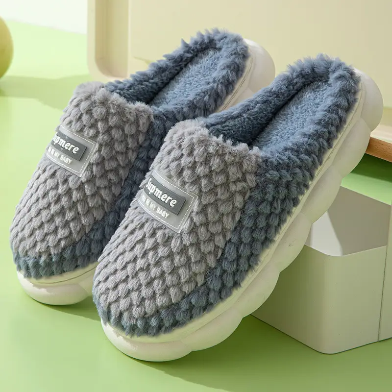 Pu Leather Cotton Slippers for Men, Waterproof Thick-Soled Warm Indoor Slippers for Couples, Winter Home Slippers for Women, Autumn and Winter
