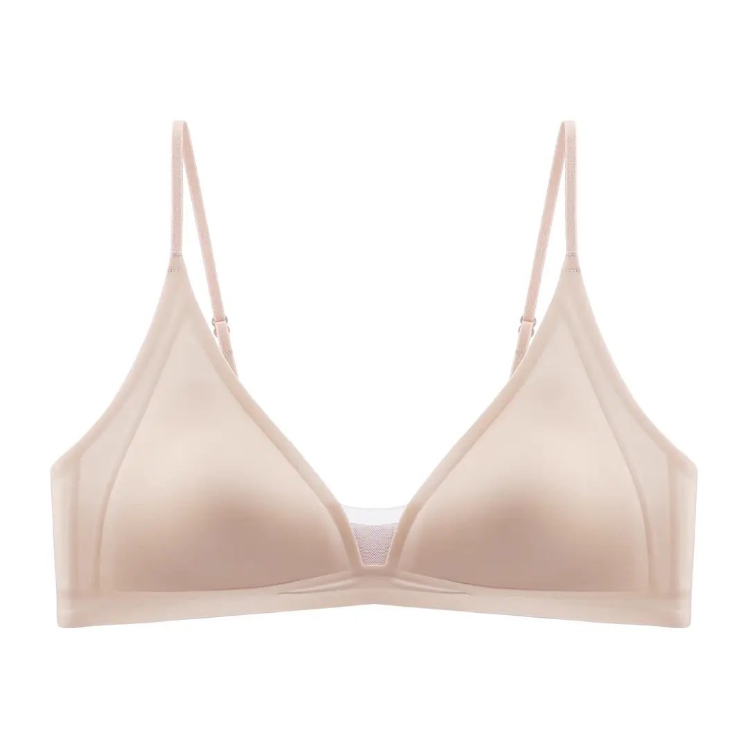 Authentic French-Style Women's Summer Thin Triangle Cup Seamless Deep V Thin Strap Anti-Sagging Side Breast Gathering Bra for Summer