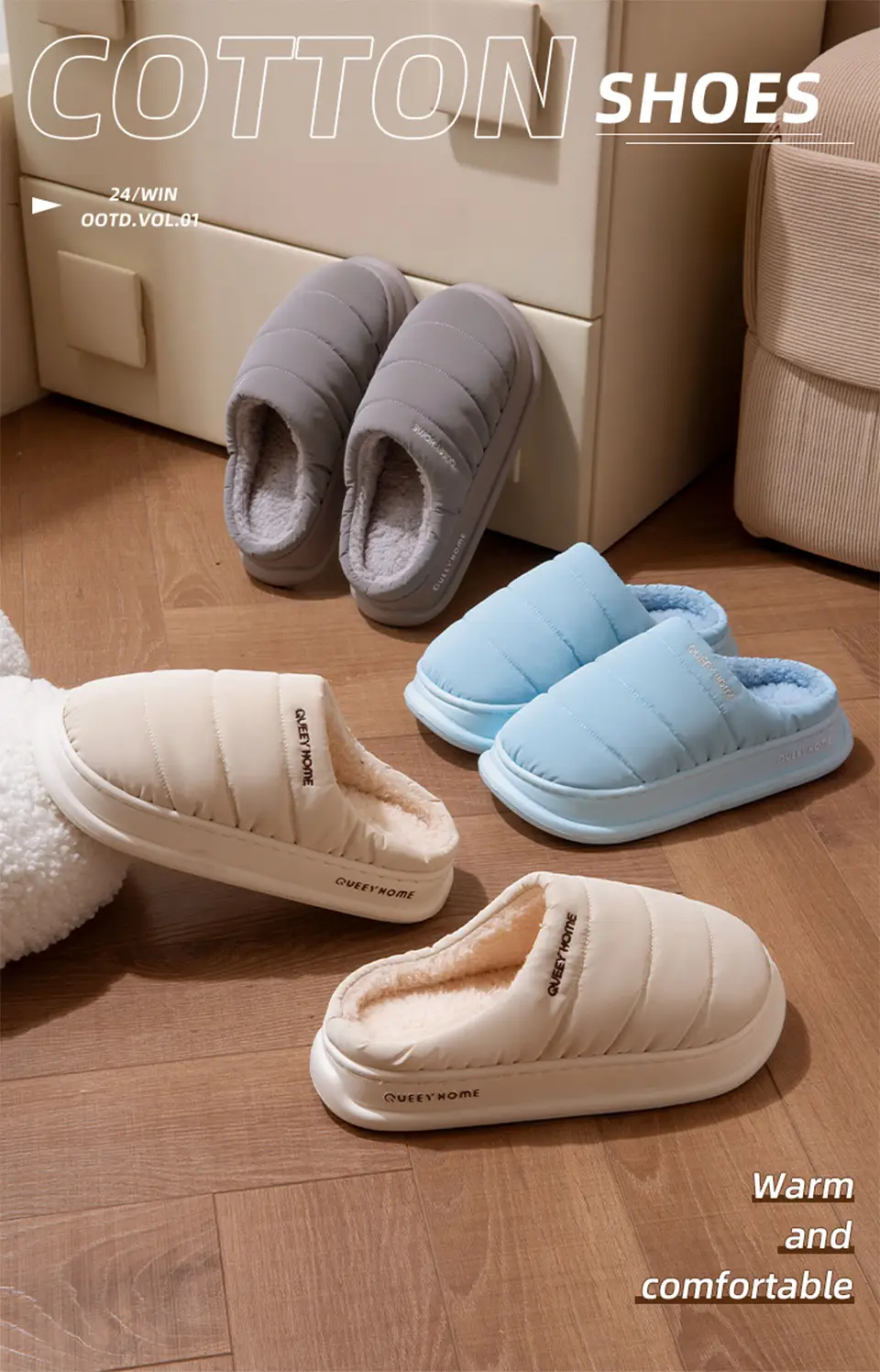 Waterproof Cotton Slippers for Men in Winter, Warm and Comfortable Indoor Home Slippers with Thick Soles, Plush, Non-Slip Cotton Slippers for Women — feature 2