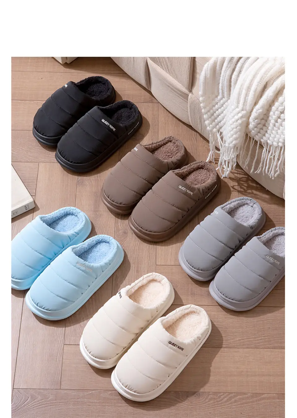 Waterproof Cotton Slippers for Men in Winter, Warm and Comfortable Indoor Home Slippers with Thick Soles, Plush, Non-Slip Cotton Slippers for Women — feature 8
