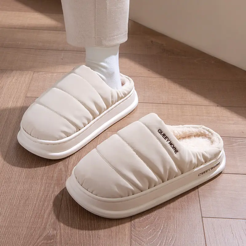 Waterproof Cotton Slippers for Men in Winter, Warm and Comfortable Indoor Home Slippers with Thick Soles, Plush, Non-Slip Cotton Slippers for Women