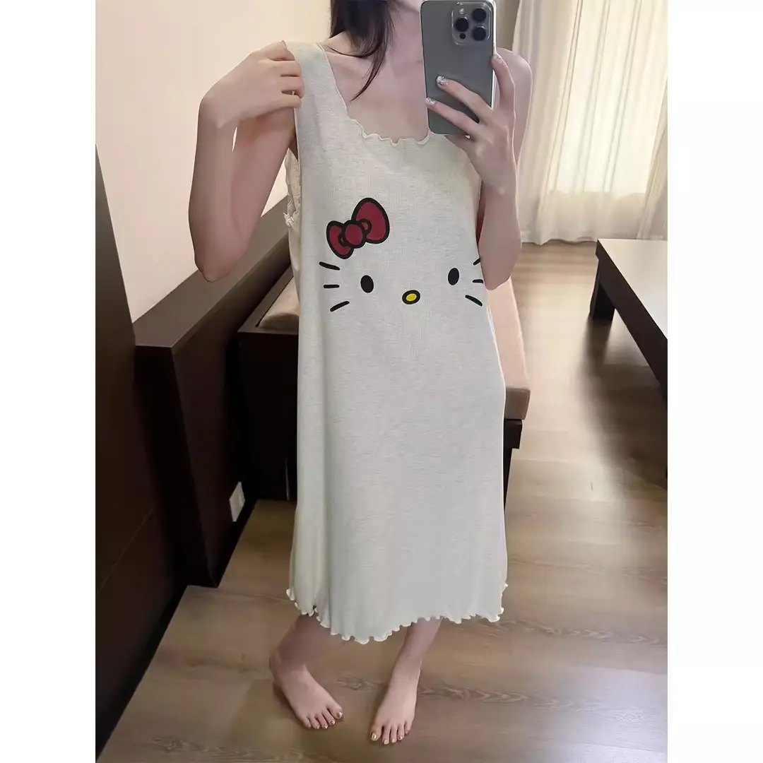 Cartoon Cat Vest Nightgown for Women, Thin, Large Size, Loose Sleeveless Pajamas, Home Wear, Can Be Worn Outside, Lazy Style, Short Style