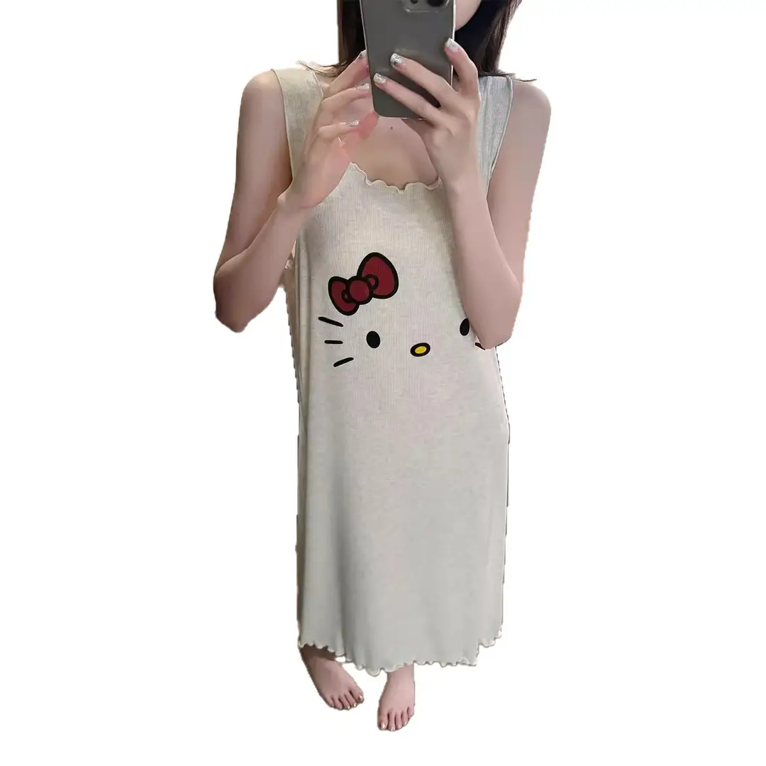 Cartoon Cat Vest Nightgown for Women, Thin, Large Size, Loose Sleeveless Pajamas, Home Wear, Can Be Worn Outside, Lazy Style, Short Style
