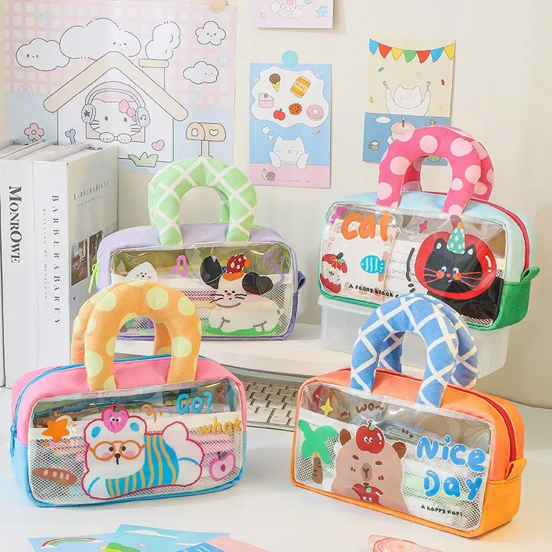 Transparent Cartoon Pencil Bag Student Handbag Portable Large Capacity Multifunctional Shoulder Bag Storage Bag Stationery Pencil Bag Office - Image 4