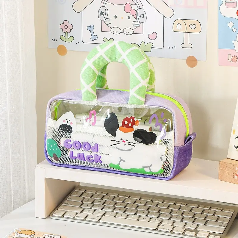 Transparent Cartoon Pencil Bag Student Handbag Portable Large Capacity Multifunctional Shoulder Bag Storage Bag Stationery Pencil Bag Office - Image 2