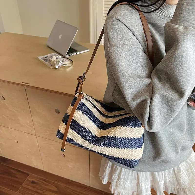 Women Striped Cotton Shoulder Bag 2025 Summer - Image 6