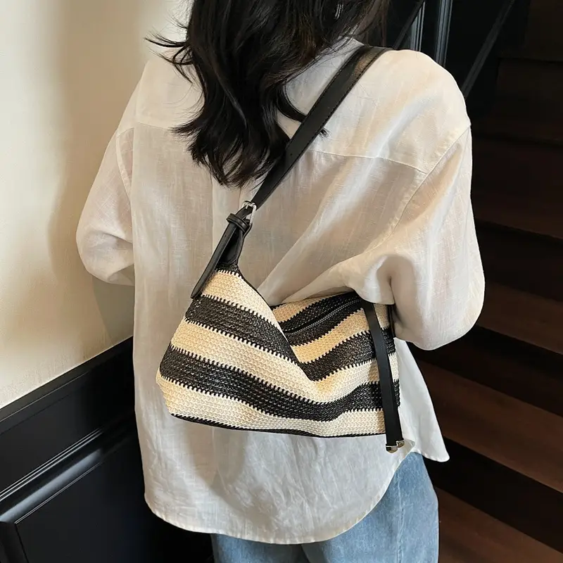 Women Striped Cotton Shoulder Bag 2025 Summer - Image 7