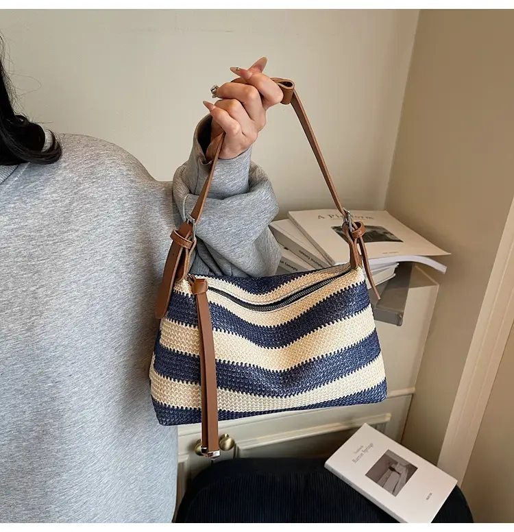 Women Striped Cotton Shoulder Bag 2025 Summer — feature 17
