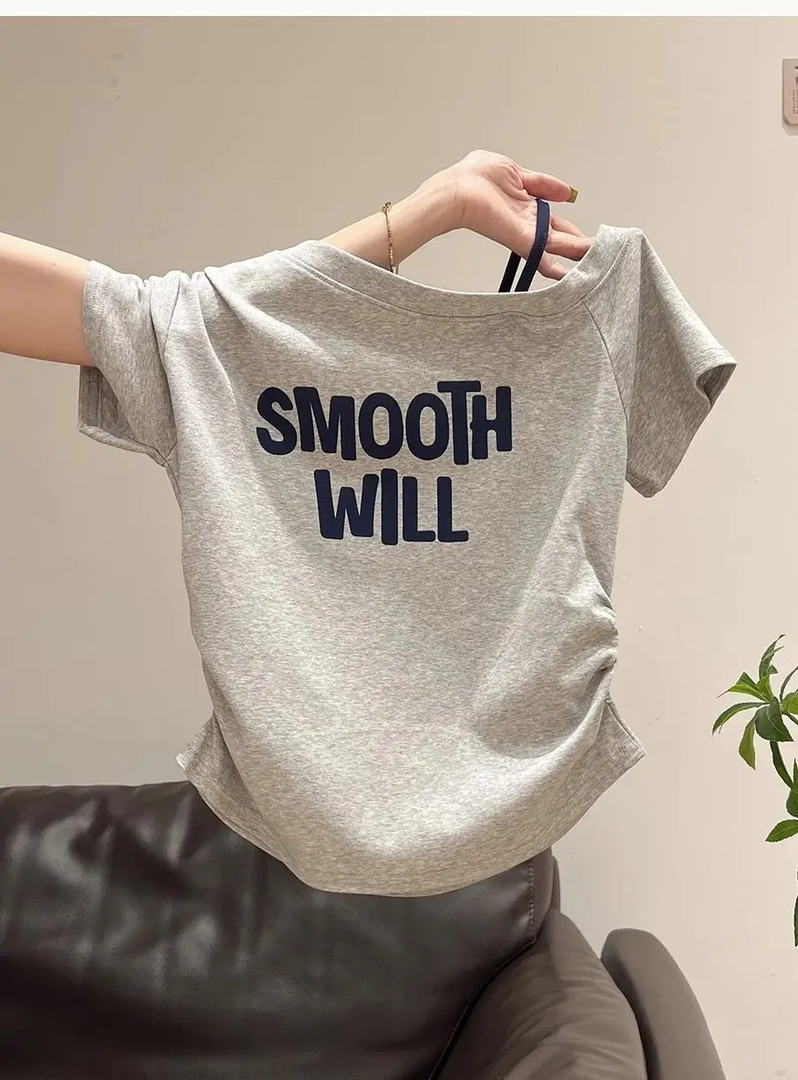 Korean-Style Gray Lettered One-Shoulder Short-Sleeve T-Shirt for Women, Pleated Slim-Fit, Summer New Off-Shoulder Design Top for Women — feature 1