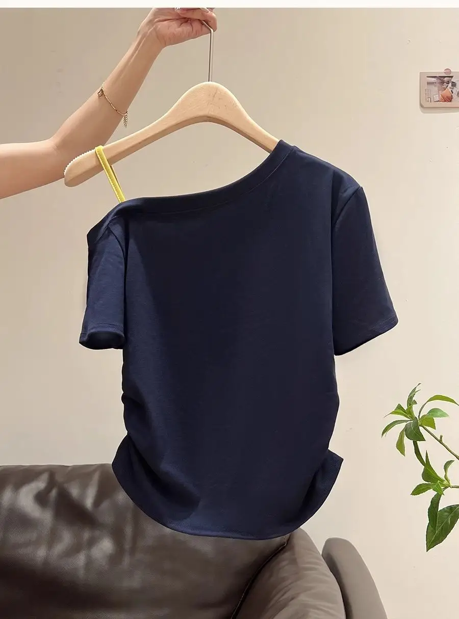Korean-Style Gray Lettered One-Shoulder Short-Sleeve T-Shirt for Women, Pleated Slim-Fit, Summer New Off-Shoulder Design Top for Women — feature 13