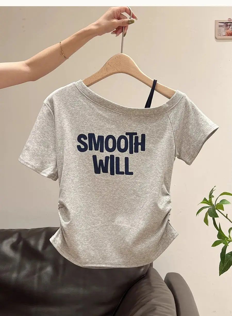Korean-Style Gray Lettered One-Shoulder Short-Sleeve T-Shirt for Women, Pleated Slim-Fit, Summer New Off-Shoulder Design Top for Women — feature 3