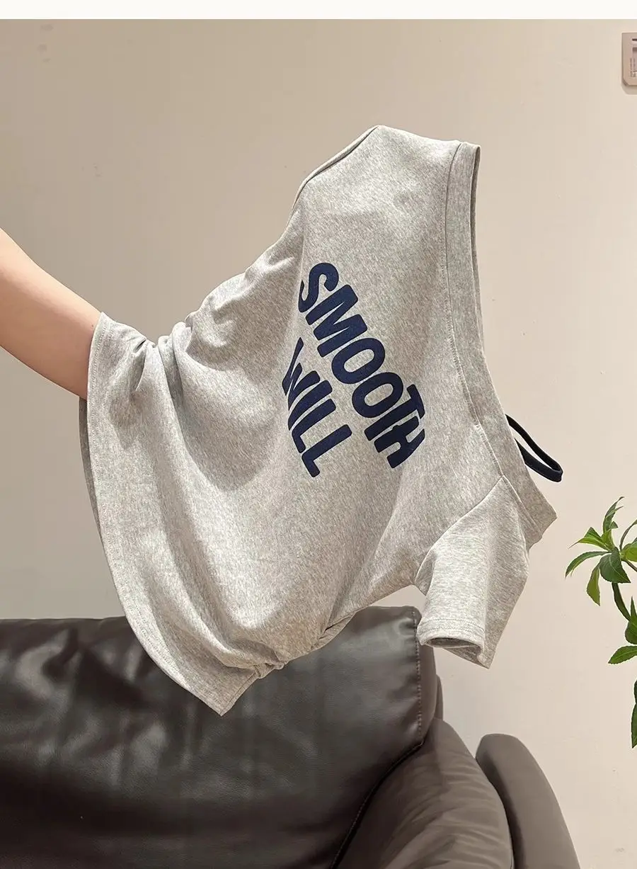 Korean-Style Gray Lettered One-Shoulder Short-Sleeve T-Shirt for Women, Pleated Slim-Fit, Summer New Off-Shoulder Design Top for Women — feature 5