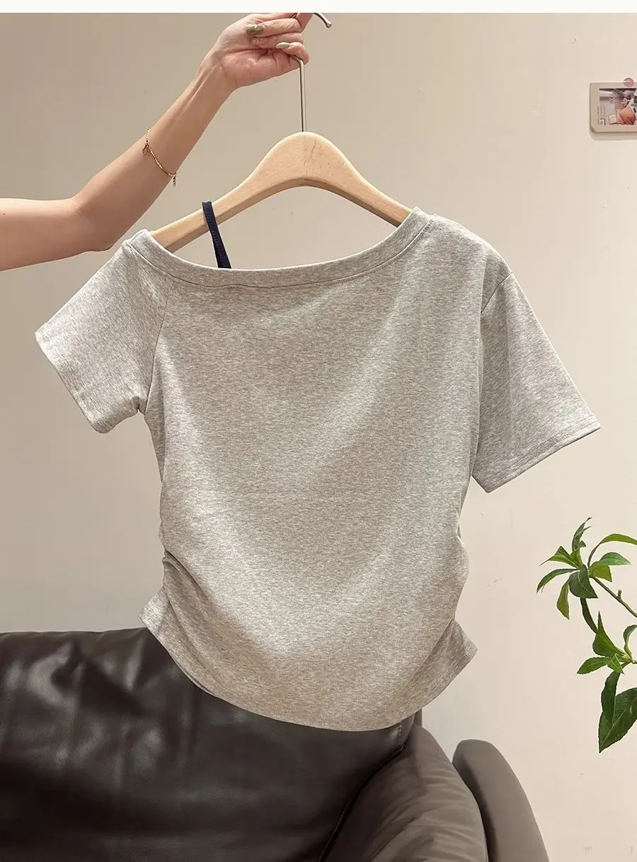 Korean-Style Gray Lettered One-Shoulder Short-Sleeve T-Shirt for Women, Pleated Slim-Fit, Summer New Off-Shoulder Design Top for Women — feature 7