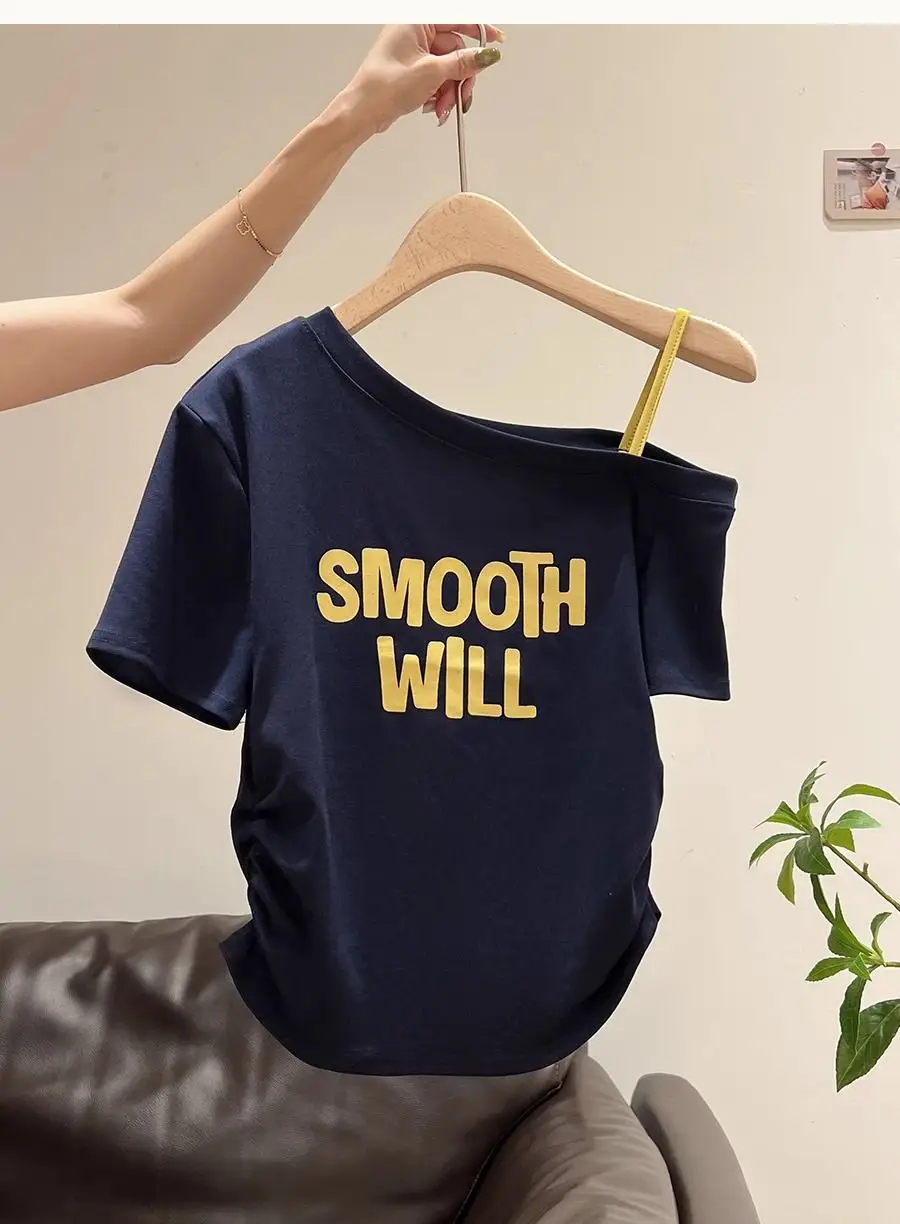 Korean-Style Gray Lettered One-Shoulder Short-Sleeve T-Shirt for Women, Pleated Slim-Fit, Summer New Off-Shoulder Design Top for Women — feature 9