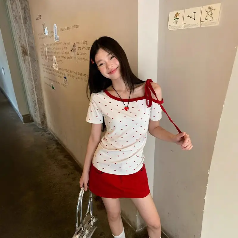 Korean-Style Gray Lettered One-Shoulder Short-Sleeve T-Shirt for Women, Pleated Slim-Fit, Summer New Off-Shoulder Design Top for Women