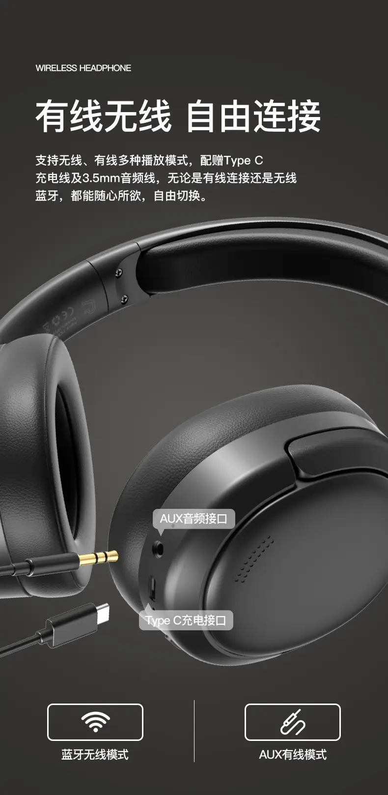 Over-Ear Wireless Bluetooth Headphones Black Noise Reduction — feature 23