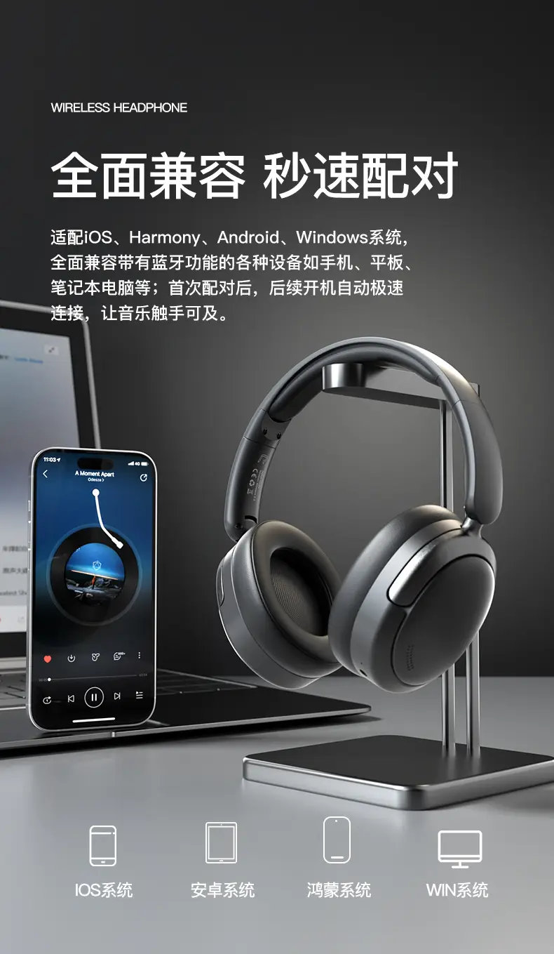Over-Ear Wireless Bluetooth Headphones Black Noise Reduction — feature 24