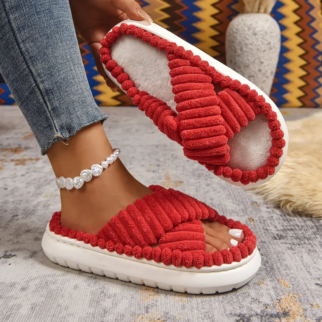 Cross-Border Amazon Ins European and American Style Furry Cross-Strap Cotton Slippers for Women, Skin-Friendly Plush Cotton Slippers for Women Wholesale