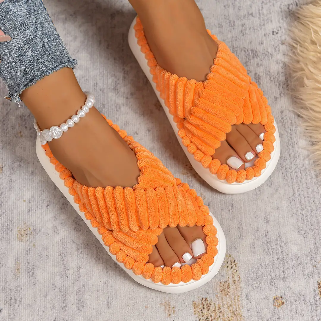 Cross-Border Amazon Ins European and American Style Furry Cross-Strap Cotton Slippers for Women, Skin-Friendly Plush Cotton Slippers for Women Wholesale
