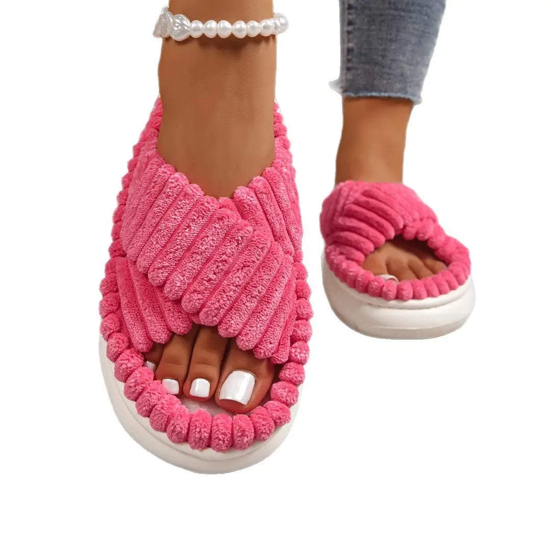 Cross-Border Amazon Ins European and American Style Furry Cross-Strap Cotton Slippers for Women, Skin-Friendly Plush Cotton Slippers for Women Wholesale