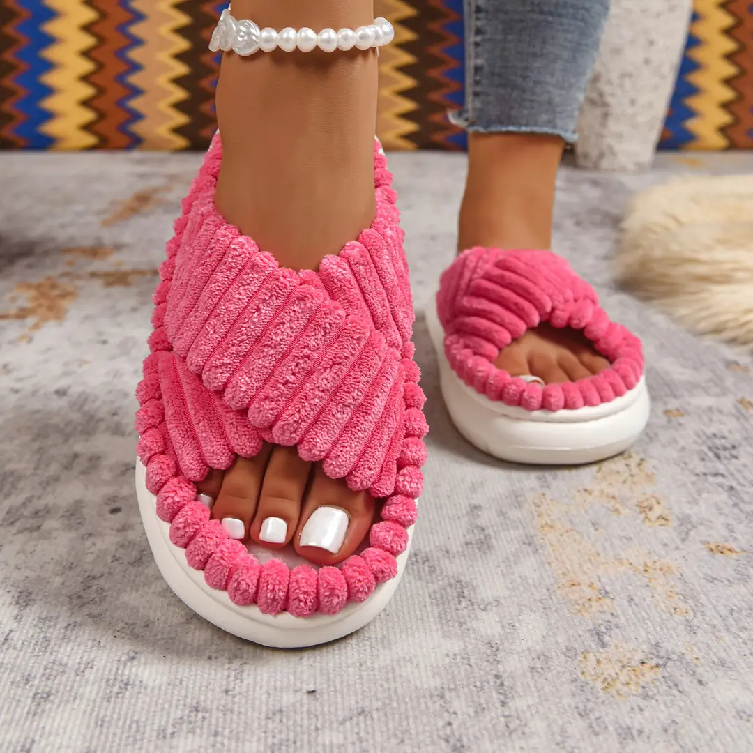 Cross-Border Amazon Ins European and American Style Furry Cross-Strap Cotton Slippers for Women, Skin-Friendly Plush Cotton Slippers for Women Wholesale — feature 17
