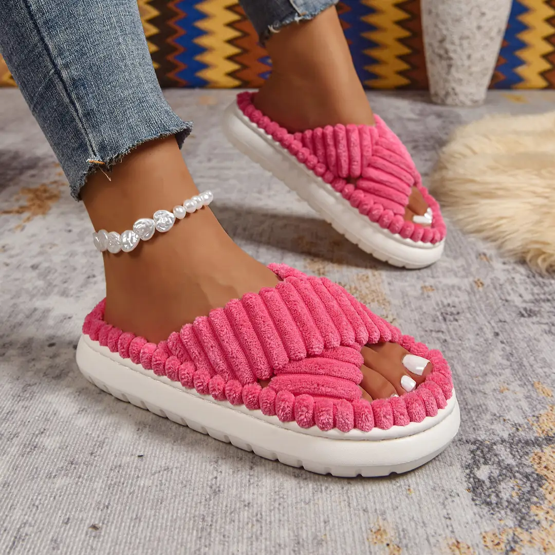 Cross-Border Amazon Ins European and American Style Furry Cross-Strap Cotton Slippers for Women, Skin-Friendly Plush Cotton Slippers for Women Wholesale — feature 19