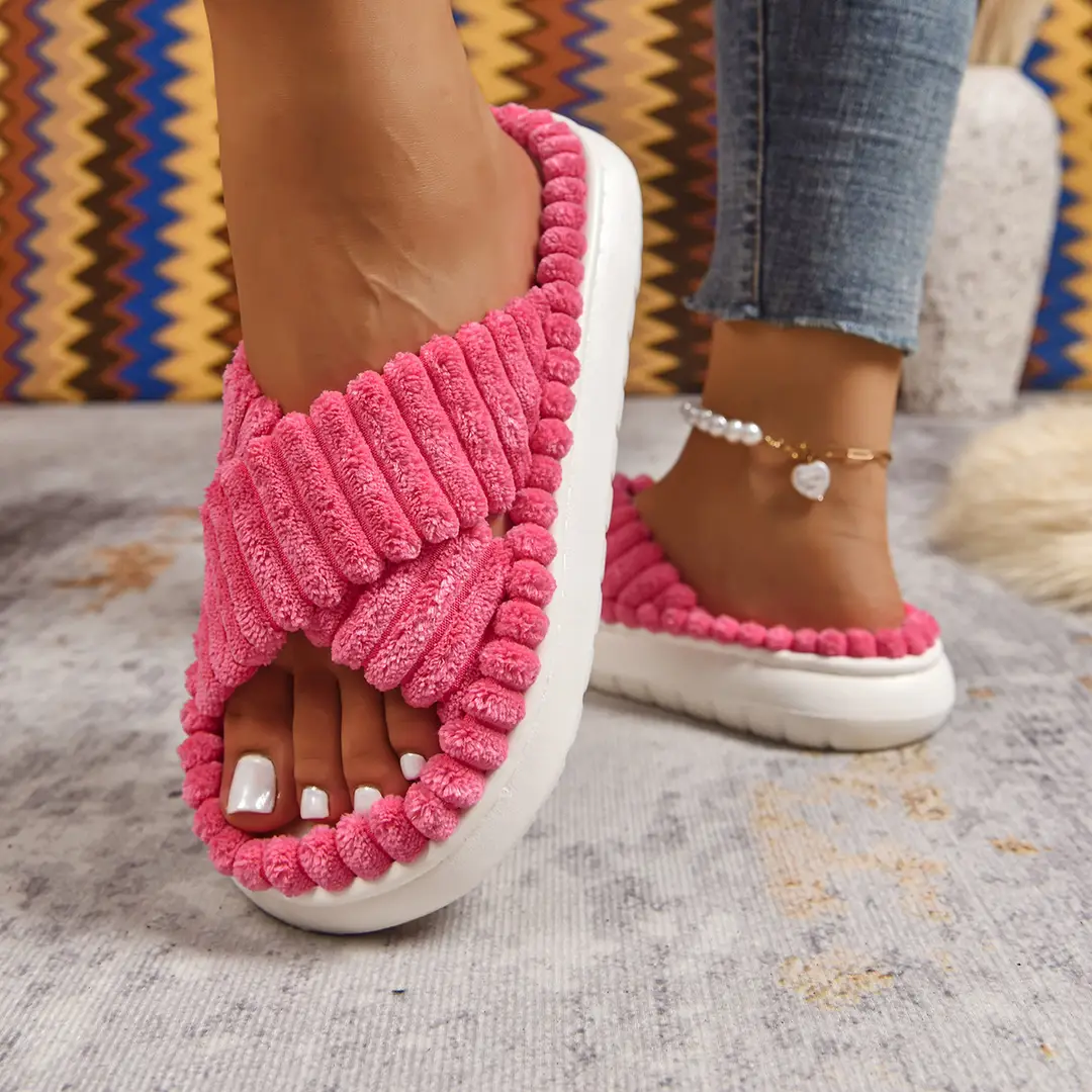 Cross-Border Amazon Ins European and American Style Furry Cross-Strap Cotton Slippers for Women, Skin-Friendly Plush Cotton Slippers for Women Wholesale — feature 20