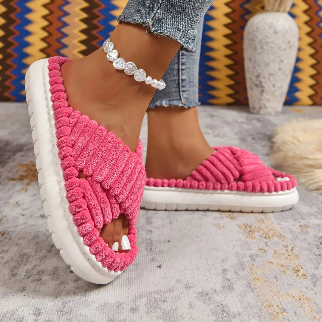 Cross-Border Amazon Ins European and American Style Furry Cross-Strap Cotton Slippers for Women, Skin-Friendly Plush Cotton Slippers for Women Wholesale — feature 21