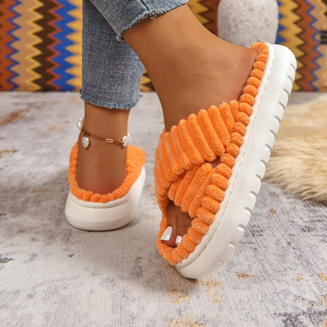 Cross-Border Amazon Ins European and American Style Furry Cross-Strap Cotton Slippers for Women, Skin-Friendly Plush Cotton Slippers for Women Wholesale — feature 34