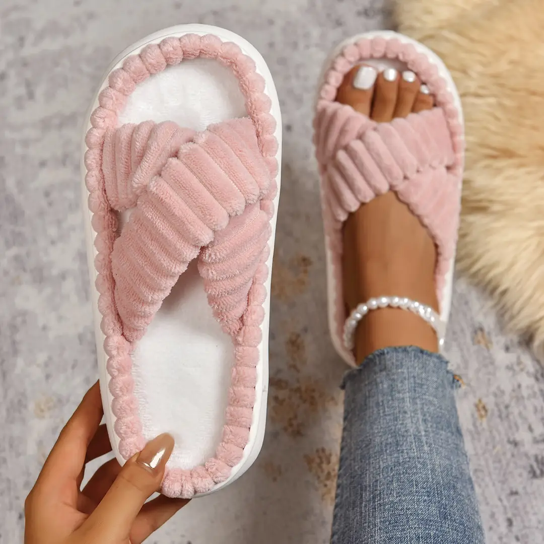 Cross-Border Amazon Ins European and American Style Furry Cross-Strap Cotton Slippers for Women, Skin-Friendly Plush Cotton Slippers for Women Wholesale — feature 35