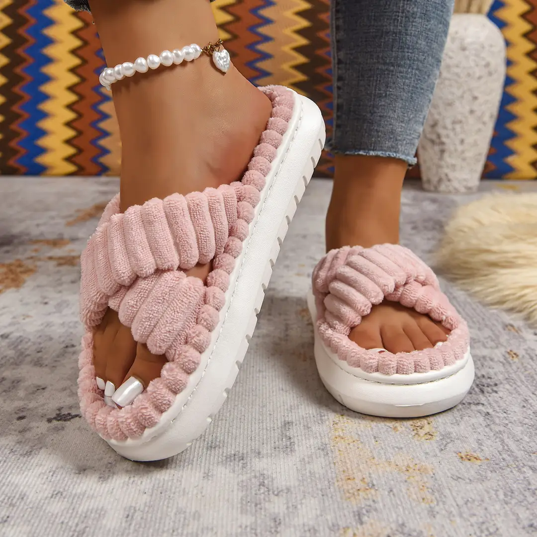 Cross-Border Amazon Ins European and American Style Furry Cross-Strap Cotton Slippers for Women, Skin-Friendly Plush Cotton Slippers for Women Wholesale — feature 36