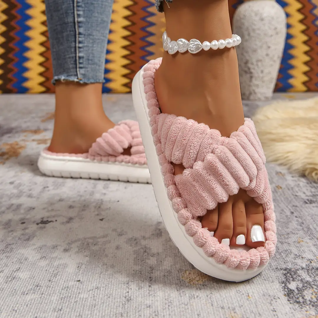 Cross-Border Amazon Ins European and American Style Furry Cross-Strap Cotton Slippers for Women, Skin-Friendly Plush Cotton Slippers for Women Wholesale — feature 37
