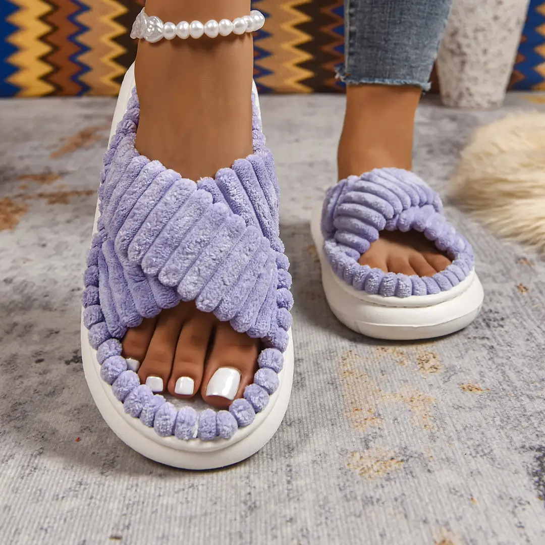 Cross-Border Amazon Ins European and American Style Furry Cross-Strap Cotton Slippers for Women, Skin-Friendly Plush Cotton Slippers for Women Wholesale
