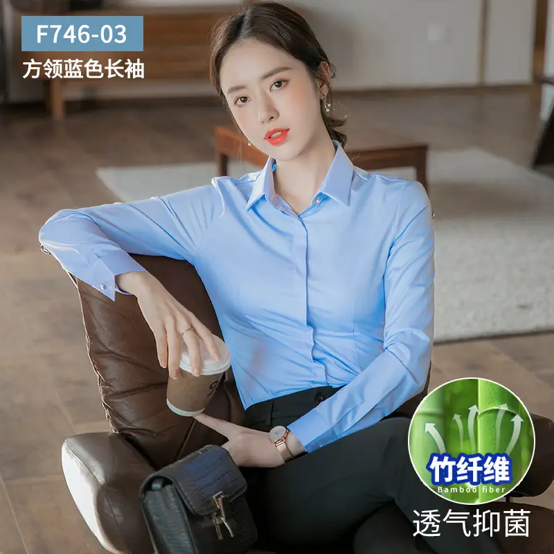 Bamboo Fiber White Long-Sleeved Shirt for Women 2026 New Style Professional Wear Blue Shirt for Women Long-Sleeved Elegant Work Clothes Wholesale