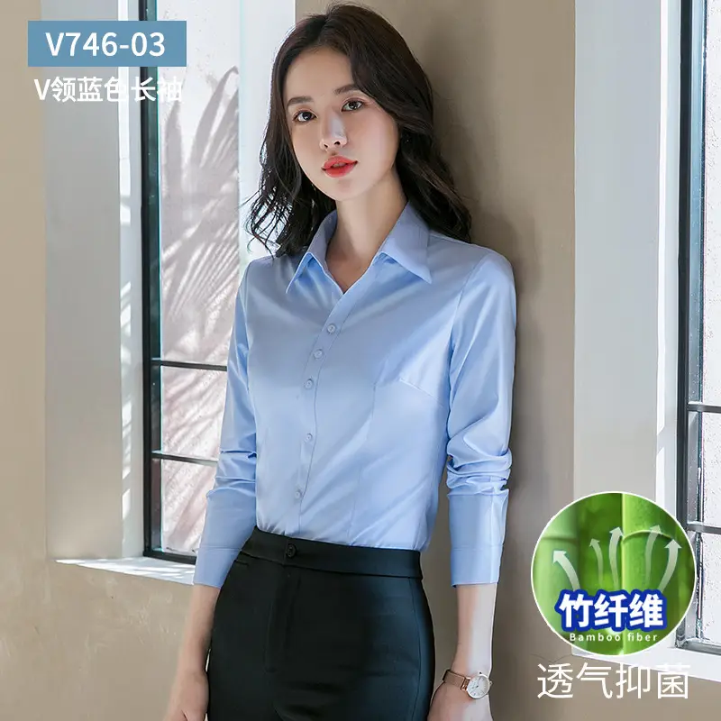 Bamboo Fiber White Long-Sleeved Shirt for Women 2026 New Style Professional Wear Blue Shirt for Women Long-Sleeved Elegant Work Clothes Wholesale