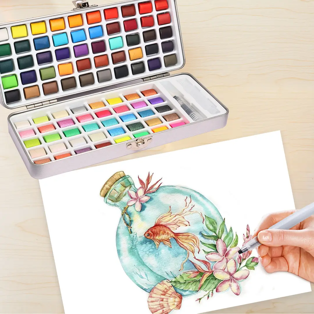 50-Color, 72-Color, 90-Color Pearlescent, Fluorescent, Metallic Solid Watercolor Paint Set, Portable and Specialized for Art