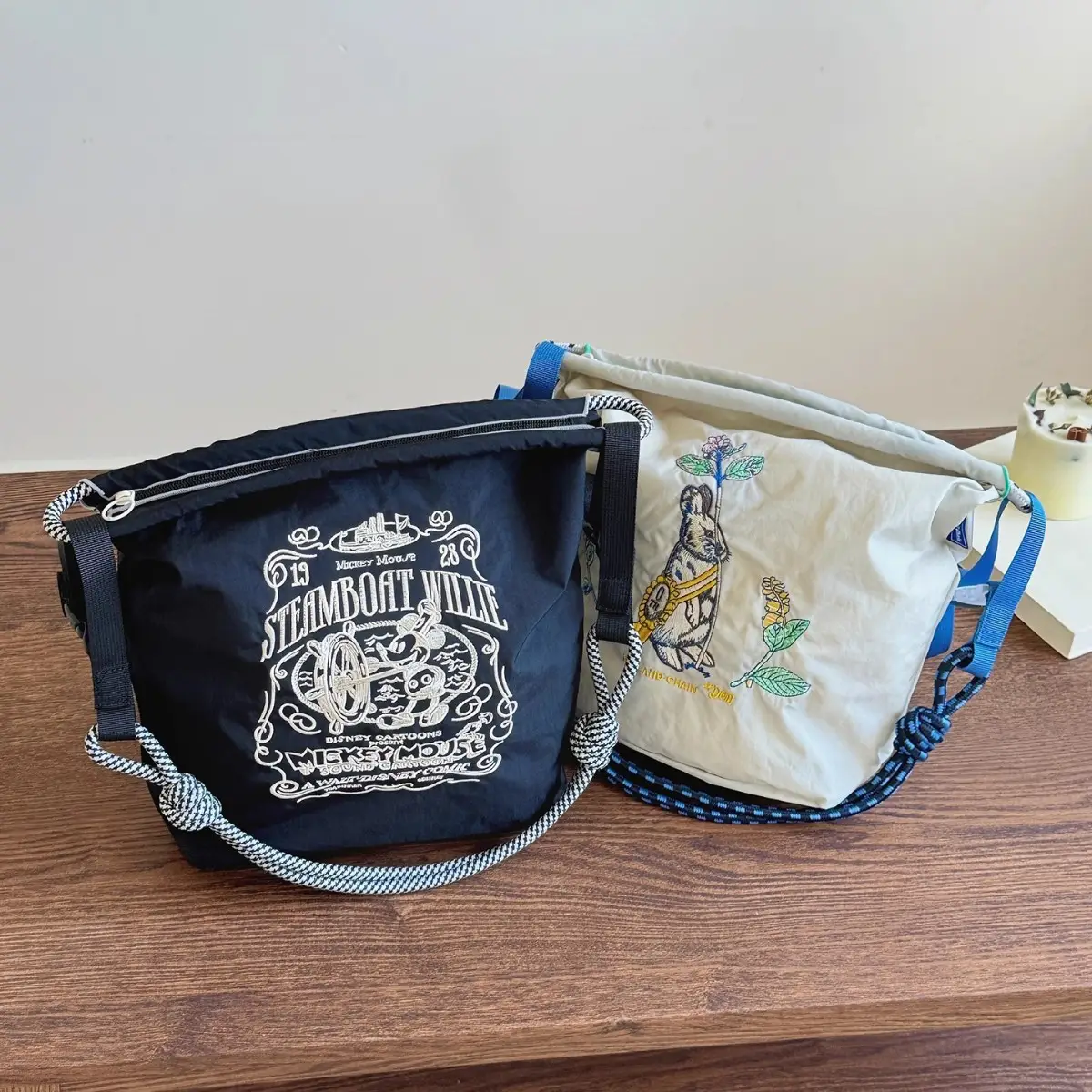 Adjustable Embroidered Zipper Bucket Bag for Girls