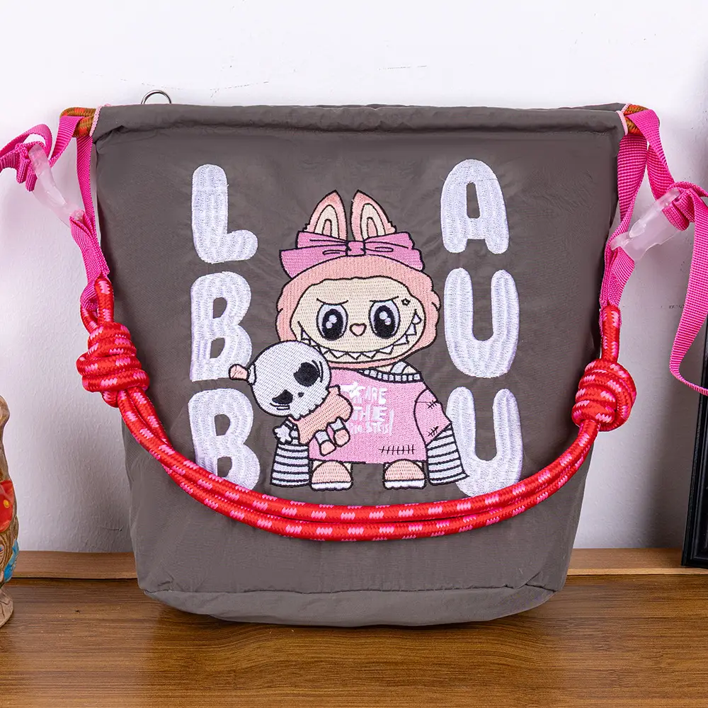 Adjustable Embroidered Zipper Bucket Bag for Girls