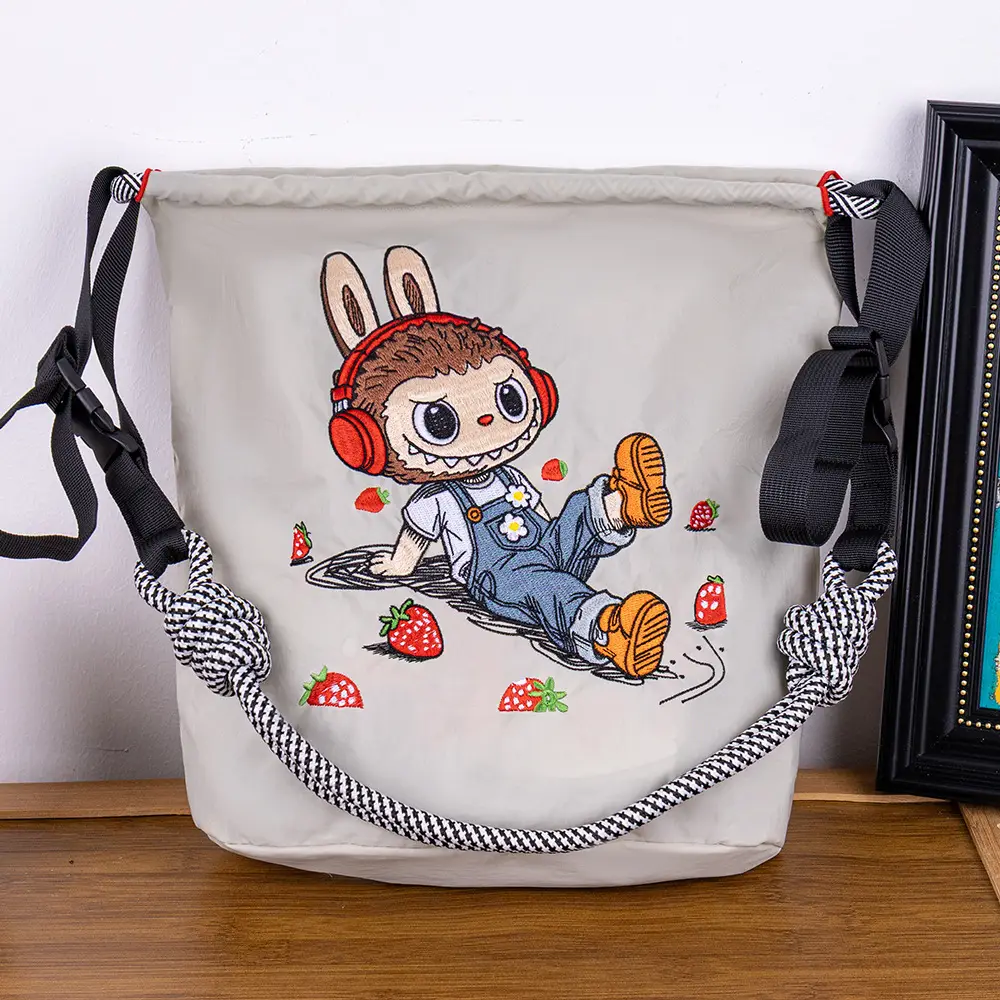 Adjustable Embroidered Zipper Bucket Bag for Girls