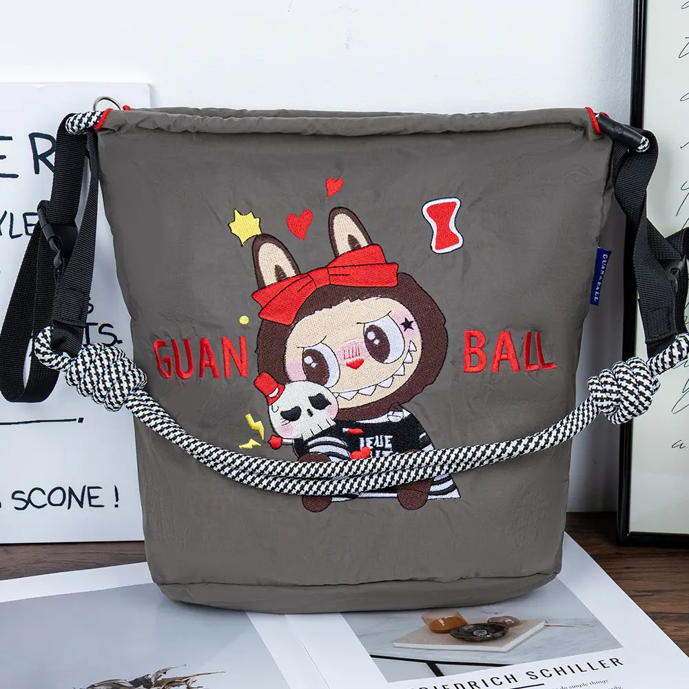 Adjustable Embroidered Zipper Bucket Bag for Girls