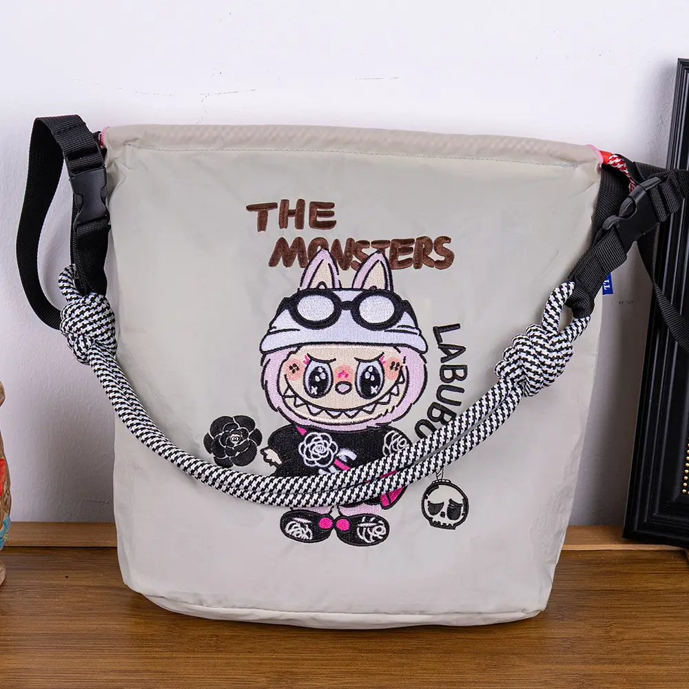 Adjustable Embroidered Zipper Bucket Bag for Girls